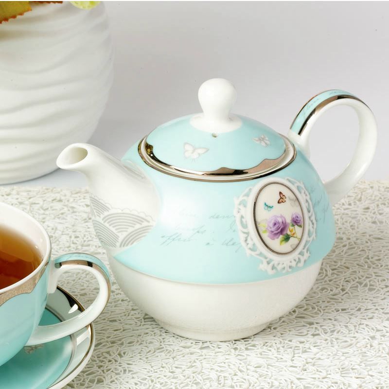 Tea for One Teapot Set with CUP/SAUCER gilded blue rose New Bone China