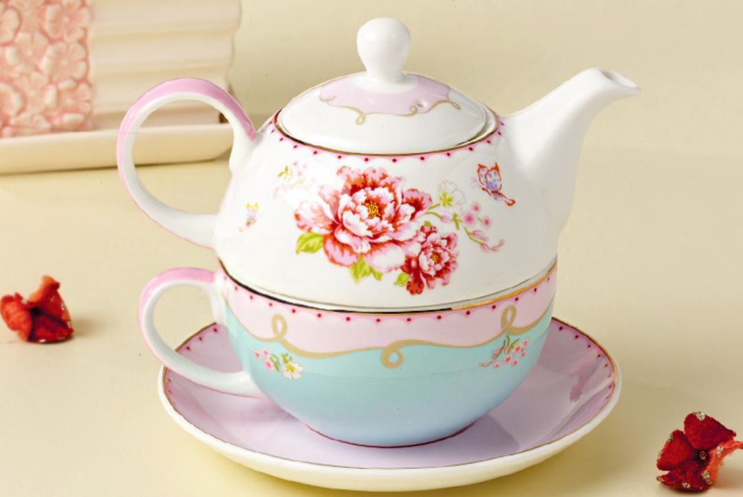 Tea for One Teapot Set with CUP /SAUCER Bloom Pink Rose New Bone China