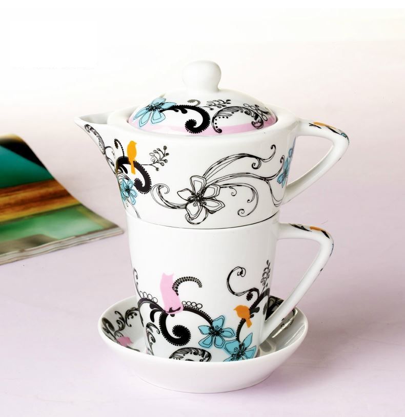 Tea for One Teapot Set with CUP & SAUCER Pink flower New Bone China