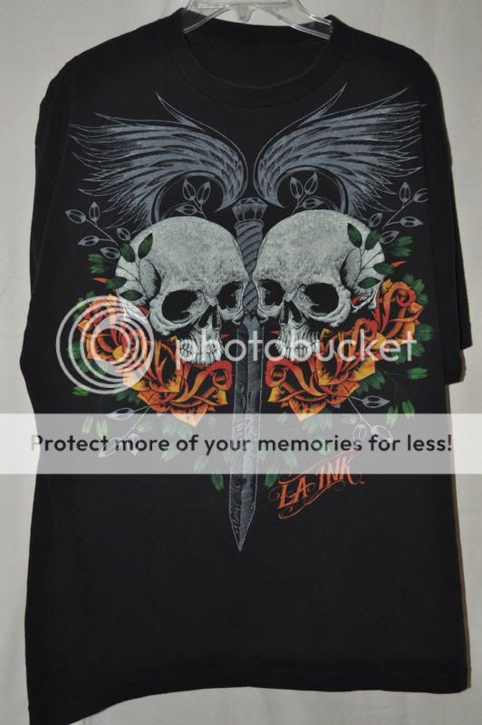 LA INK   Tattoo T Shirt Skull/Wings/Sword/Roses L/XL  